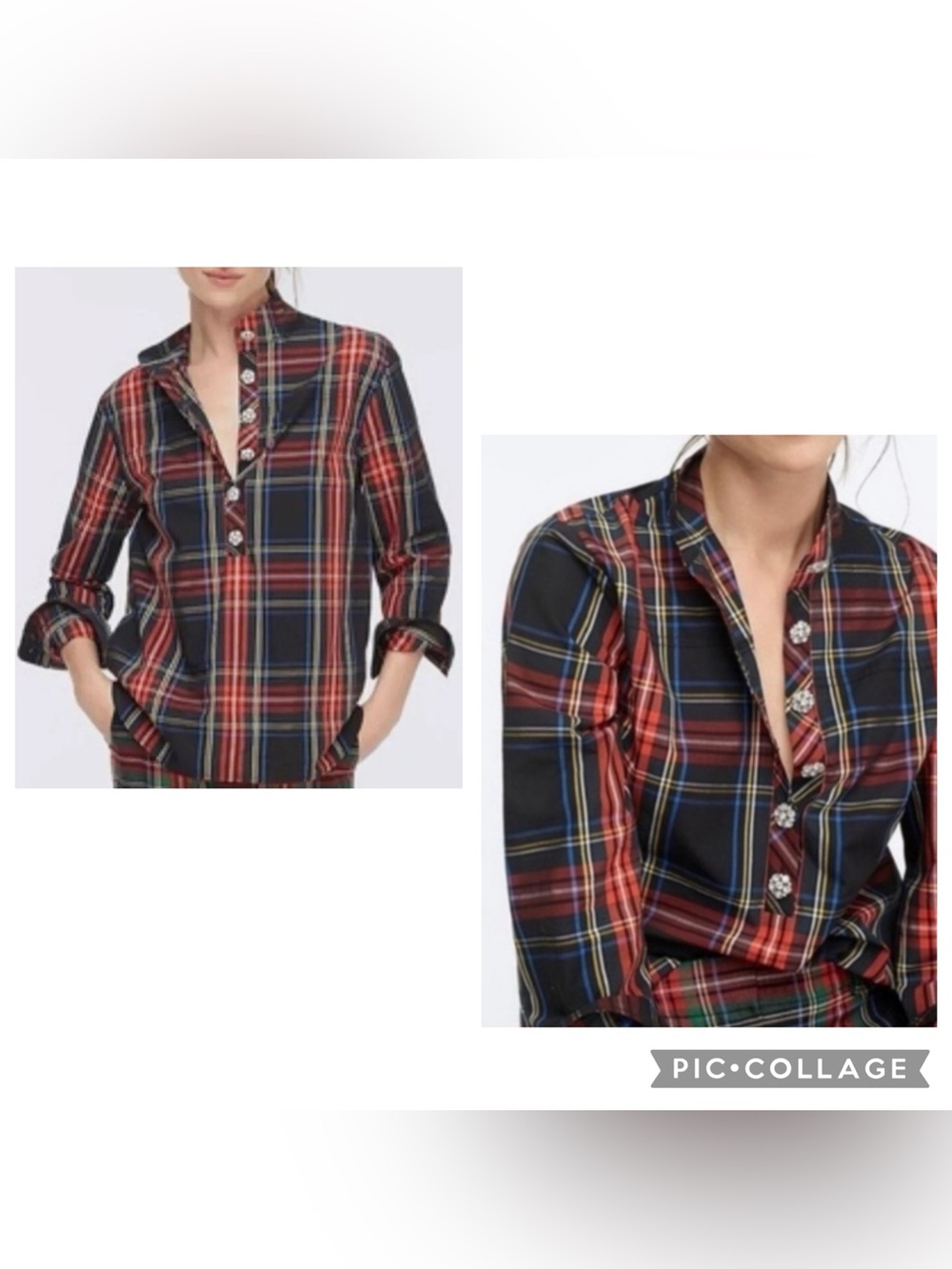 J CREW FACTORY Women’s Black Jeweled Button Popover Top Stewart Tartan Plaid M